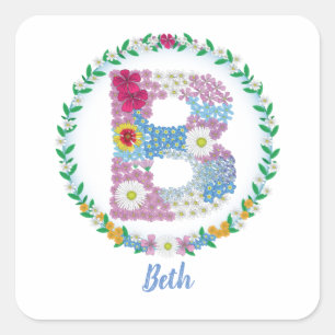 Adesivo Quadrado Letras de Flor Iniciais "B" com Nome Personalizado