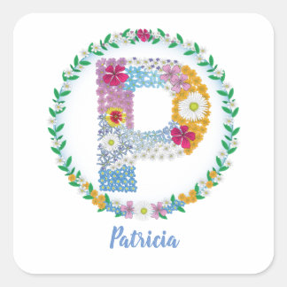 Adesivo Quadrado Letras de Flor "P" Inicial com Nome Personalizado