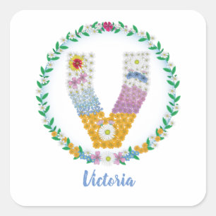 Adesivo Quadrado Letras de Flor "V" Inicial com Nome Personalizado