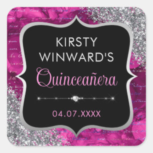 Adesivo Quadrado Letras de Glitter Iridescente Rosa Quinceanera