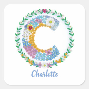 Adesivo Quadrado Letras Flores Iniciais "C" com Nome Personalizado