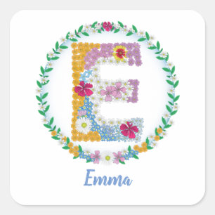 Adesivo Quadrado Letras Flores Iniciais "E" com Nome Personalizado