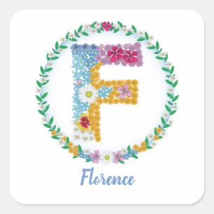 Adesivo Quadrado Letras Flores Iniciais "F" com Nome Personalizado