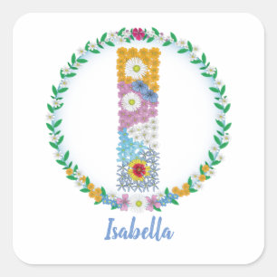Adesivo Quadrado Letras Flores Iniciais "I" com Nome Personalizado