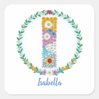 Adesivo Quadrado Letras Flores Iniciais "I" com Nome Personalizado
