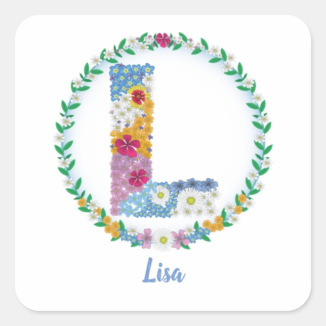 Adesivo Quadrado Letras Flores Iniciais "L" com Nome Personalizado (Frente)