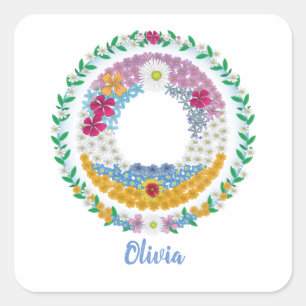 Adesivo Quadrado Letras Flores "O" Inicial com Nome Personalizado