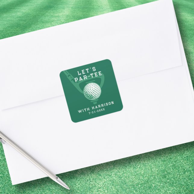 Adesivo Quadrado Let's Par-tee Golf Theme Birthday Green (Personalize with name & party date.)