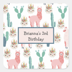 Adesivo Quadrado Lhamas cor-de-rosa e cactus verde personalizados f