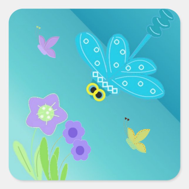 Adesivo Quadrado Libélula de desenho animado com flores (Frente)