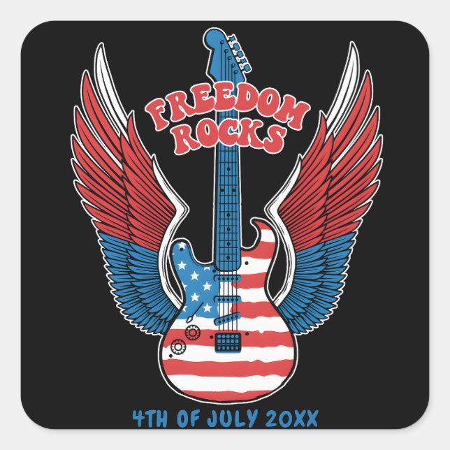 Adesivo Quadrado Liberdade Rocha Violão com Asas Bandeira Americana (Frente)