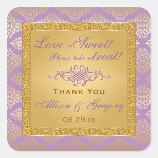 Adesivo Quadrado Lilac, FAUX Glitter, Damask Candy Buffet Sticker (Frente)