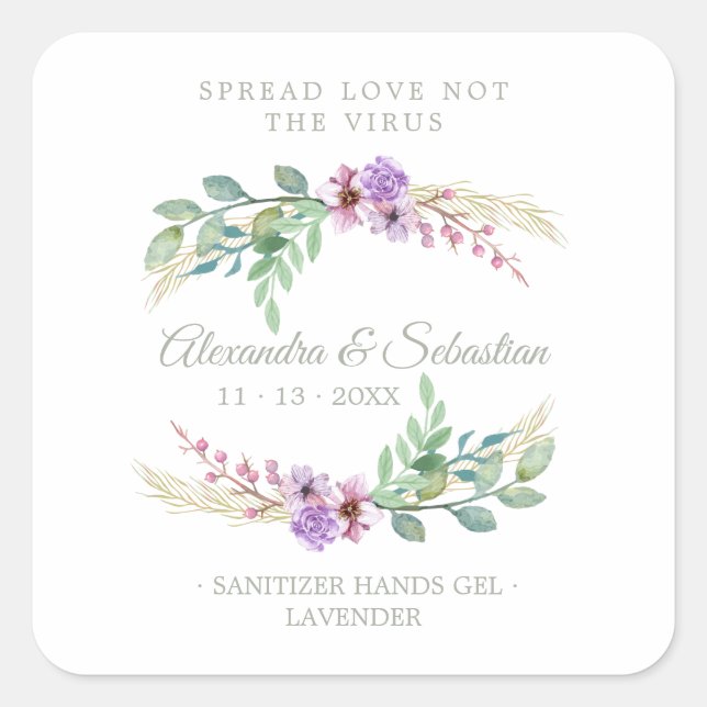 Adesivo Quadrado Lilac Floral Wreath Wedding Sanitizer Hand Gel (Frente)