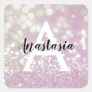 Adesivo Quadrado Lilás Girly Brilho Glitter Faíscas Monograma Nome