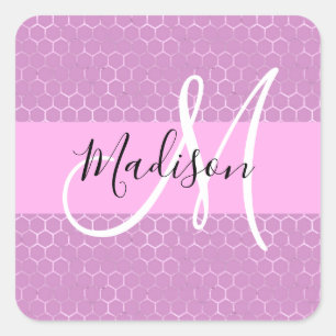 Adesivo Quadrado Lilás Glam Metalizado Favo de Mel Monograma Nome
