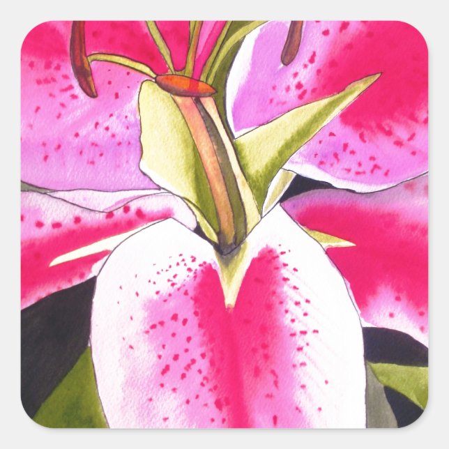 Adesivo Quadrado Lily rosa quente Tenerife pop art flor de aquarela (Frente)