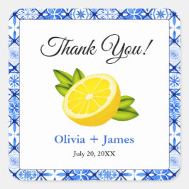 Adesivo Quadrado Limão Azulejo Azul Mediterrâneo Obrigado Casamento