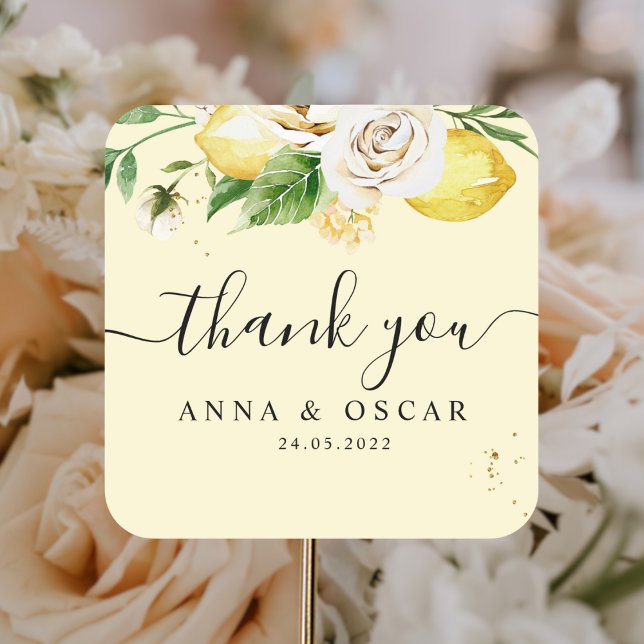 Adesivo Quadrado Limões Amarelos Pastel Modernos em Aquarela & Folh (Criador carregado)