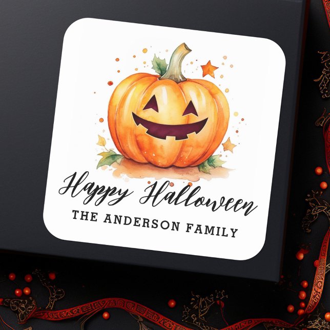 Adesivo Quadrado Linda aquarela Jack-o-lanterna Feliz Halloween (Cute watercolor Jack-o-lantern Happy Halloween Square Sticker)