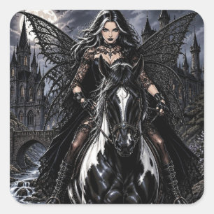 Adesivo Quadrado Linda Fada Gótica em Cavalo Preto