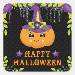 Adesivo Quadrado Linda Flor de Abóbora Feliz Halloween