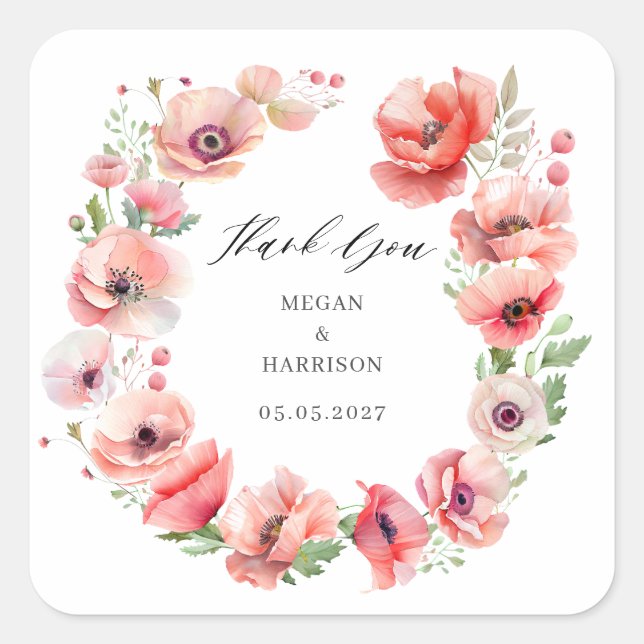 Adesivo Quadrado Linda flor vermelha de papoila rosa Obrigado Praça (Frente)