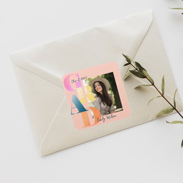 Adesivo Quadrado Linda Foto de Letra Cor-de-Rosa, Graduação 2024 (Criador carregado)