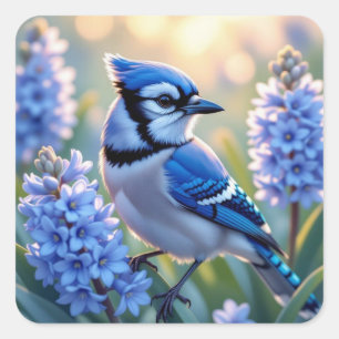 Adesivo Quadrado Linda ilustração de AI do Gaio Azul e Lilases