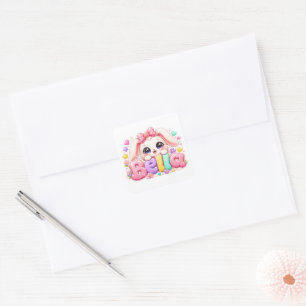 Adesivo Quadrado Linda Kawaii Bella Bunny Nome Pastel Rosa Floral B