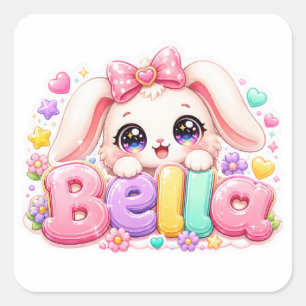 Adesivo Quadrado Linda Kawaii Bella Bunny Nome Pastel Rosa Floral B