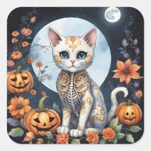Adesivo Quadrado Linda Lua Floral do Dia das Bruxas de Gato - Whimi