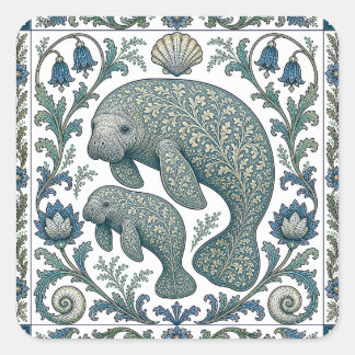 Adesivo Quadrado Linda Mãe e Bebê Peixe-boi Vintage Ornamentado