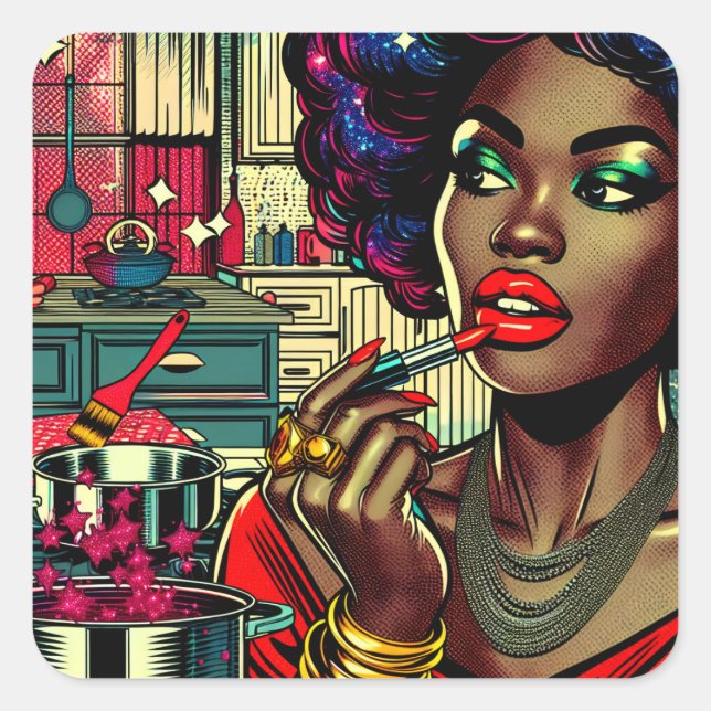 Adesivo Quadrado Linda mulher colocando o Lipstick (Frente)