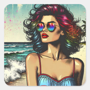 Adesivo Quadrado Linda mulher na Pop da Beach Comic Book