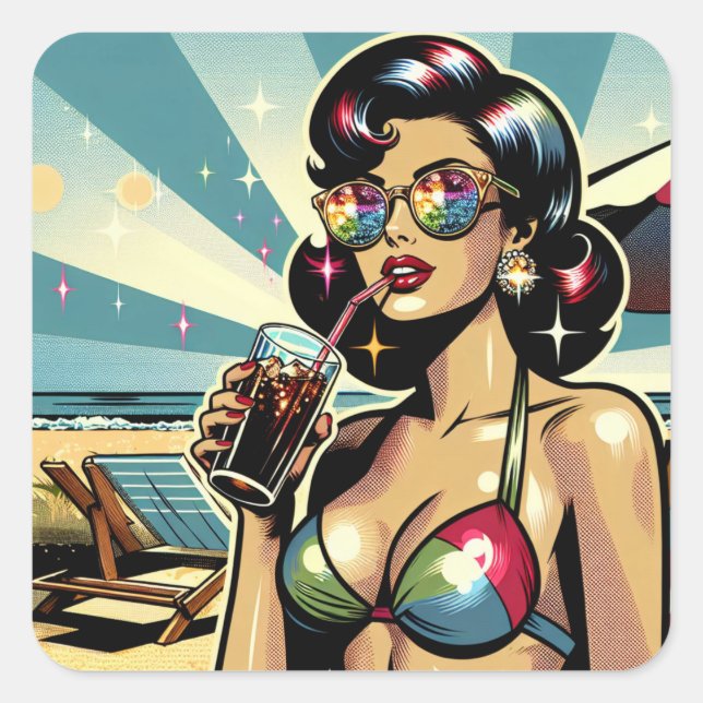 Adesivo Quadrado Linda Mulher Pinup com Cola na Praia (Frente)