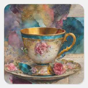 Adesivo Quadrado Linda pintura de colagem de mídia mista Teacup