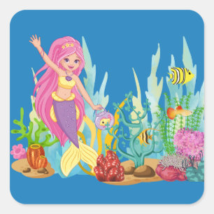 Adesivo Quadrado Linda sereia PINK HAIR tocando no mar