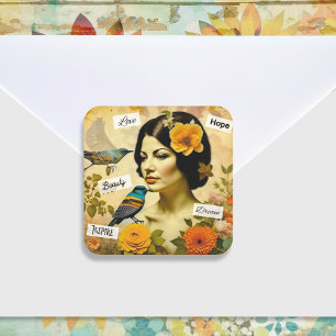 Adesivo Quadrado Linda Vintage Mulher com Aves e Flores