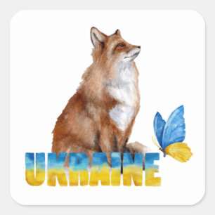 Adesivo Quadrado Linda Watercolor Ucrânia Fox e Borboleta