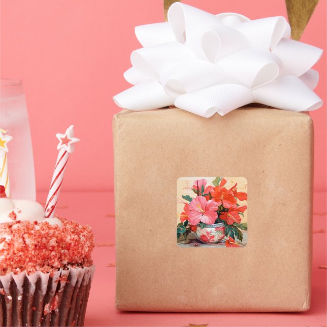 Adesivo Quadrado Lindas Flores De Hibisco, Rosa/Vermelho, (Festa)