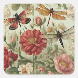 Adesivo Quadrado Lindas Flores Vintage e Dragonflies