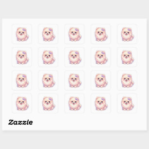 Adesivo Quadrado Lindo Cachorrinho Pomerânia Kawaii Laço Roxo Paste