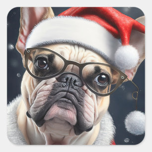 Adesivo Quadrado Lindo design de Natal de Bulldog Francês de Papai 