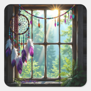 Adesivo Quadrado Lindo Dreamcatcher Boho Roxo na Janela  