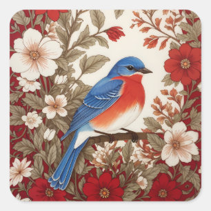 Adesivo Quadrado Lindo Floral Vermelho de Tordo-Azul Oriental 