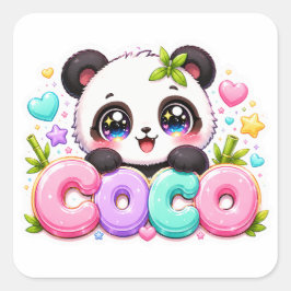 Adesivo Quadrado Lindo Kawaii Coco Panda Nome Pastel Rosa Brilhante