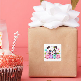 Adesivo Quadrado Lindo Kawaii Coco Panda Nome Pastel Rosa Brilhante