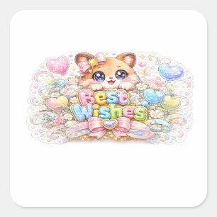 Adesivo Quadrado Lindo Kawaii Desejos Felicidades Gato Pastel Rosa