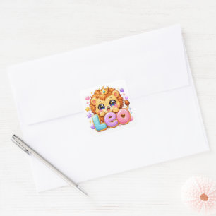 Adesivo Quadrado Lindo Kawaii Leo Leão Nome Pastel Rosa Coroa Brilh