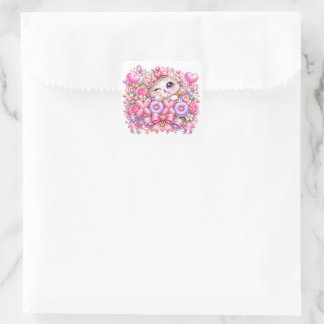 Adesivo Quadrado Lindo Kawaii XOXO Gato Rosa Pastel Romântico Amor
